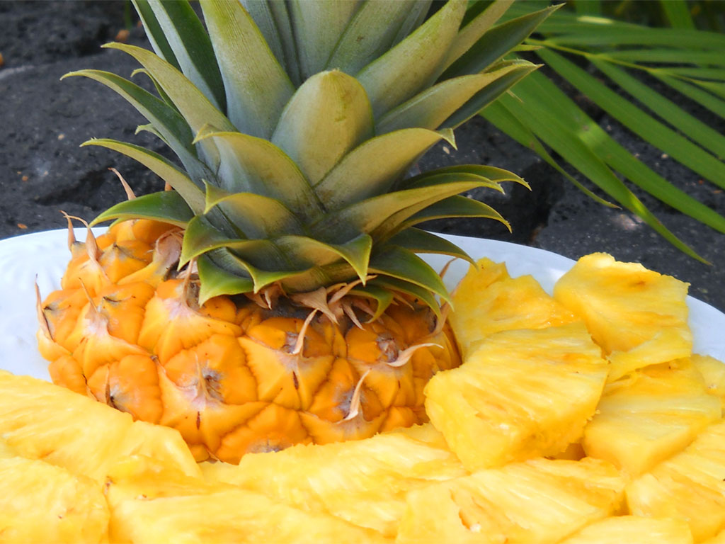 Ananas fresco tagliato a fette fini senza il torsolo