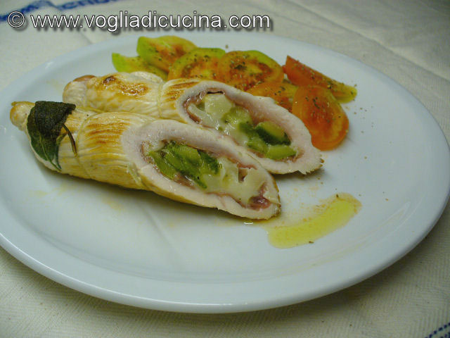 Turkey rolls with zucchini, ham and cheese