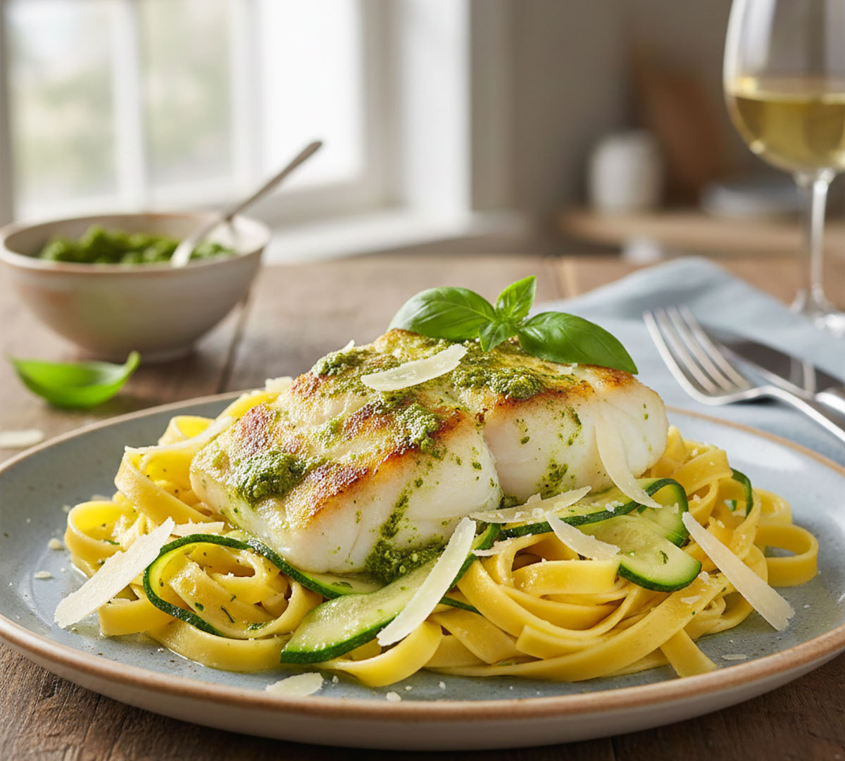 Fotografia Merluzzo al pesto su letto di tagliatelle