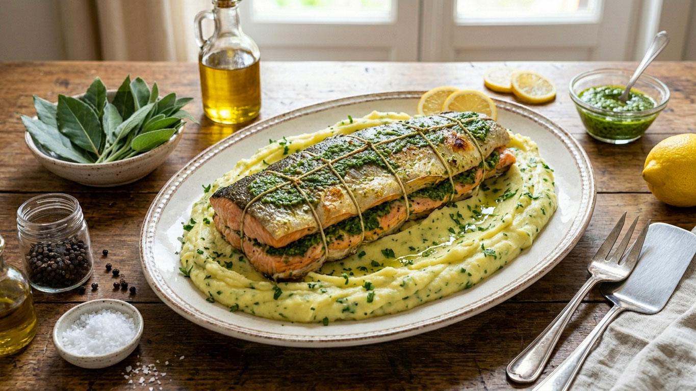 Trota salmonata al pesto di erba cipollina e prezzemolo